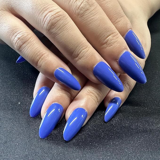 JONKASIPA Medium Almond Nails (Short) - Blue Pressed False Nails, Oval French Nails, Perfect Fit and Reusable Women's Nails, 12 Size Nail Set