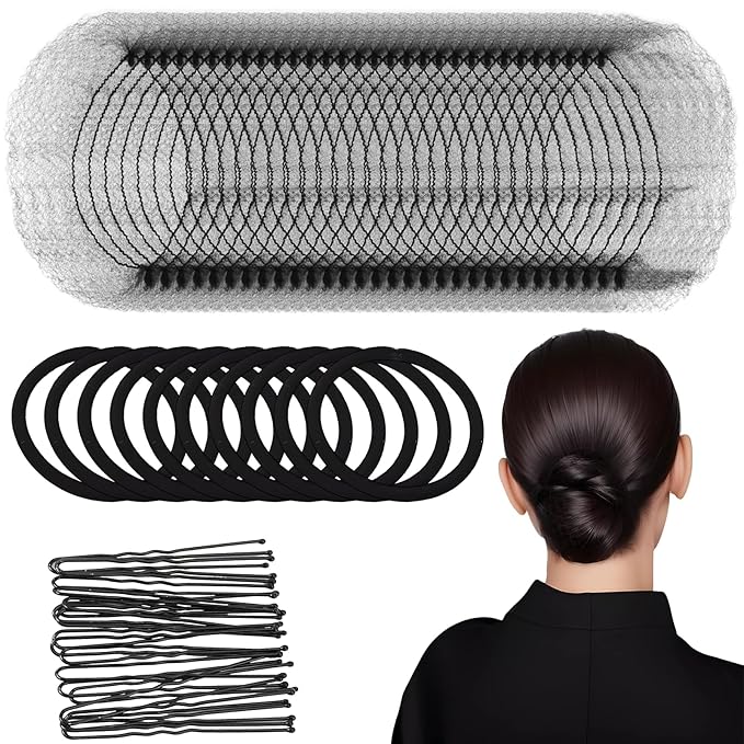 80Pcs Hair Net Set，30 Invisible Elastic Nylon Hair Net，40 U-Shaped Hair Pins and 10 Elastic Hair Ties,Suitable for Ballet Bun, Food Service, and Everyday Use（Black）