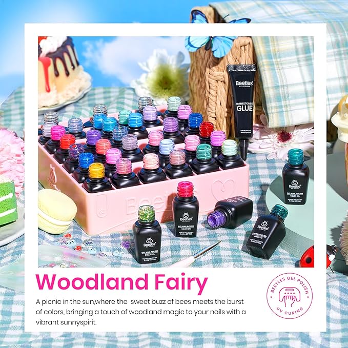 Beetles 36 Colors Gel Nail Polish Set, 42pcs UV Gel Nail Polish Colors Blue Pink Purple Orange Polish Shimmer Glitter Woodland Fairy Collection with Nail Art Rhinestone Gifts for Women Girls