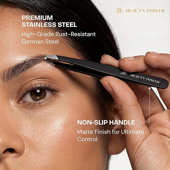 Beauty Power Ultra-Precision Professional Slant Tweezers for Women Facial Hair - German Stainless Steel, Lightweight Black Tweezers for Women & Men, Ideal for Eyebrow & Facial Grooming (3 Matte Black)