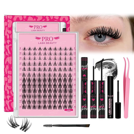 Lash Clusters Kit with Lash Bond and Seal Eyelash Applictor Lash Remover DIY Lash Extension Kit for Beginner Waterproof Resuable Eyelash Extensions at Home (Dewy,8-16mix)