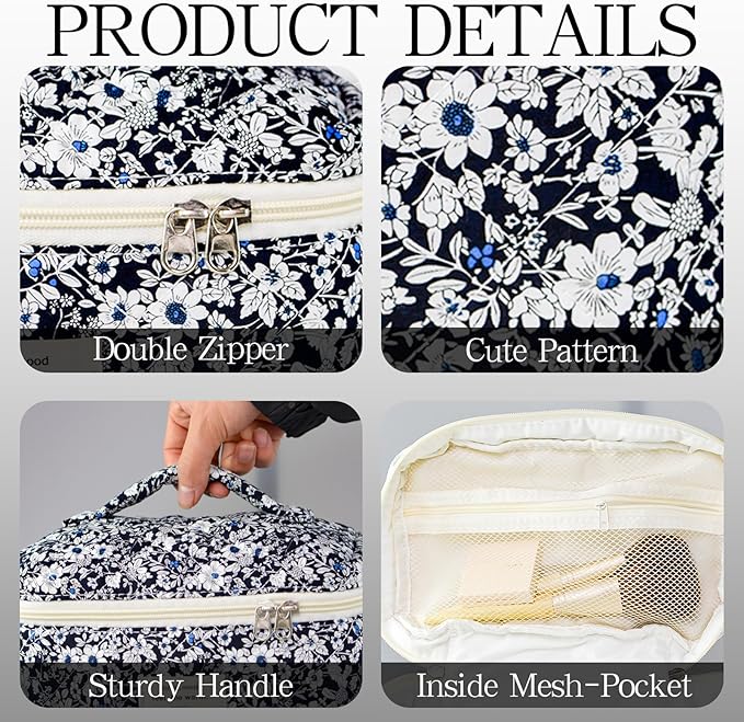 Makeup Bag, 3 PCS Quilted Makeup Bag, Cute Floral Cotton Cosmetic Bag set, Coquette Makeup Pouch Large Travel Toiletry Bag