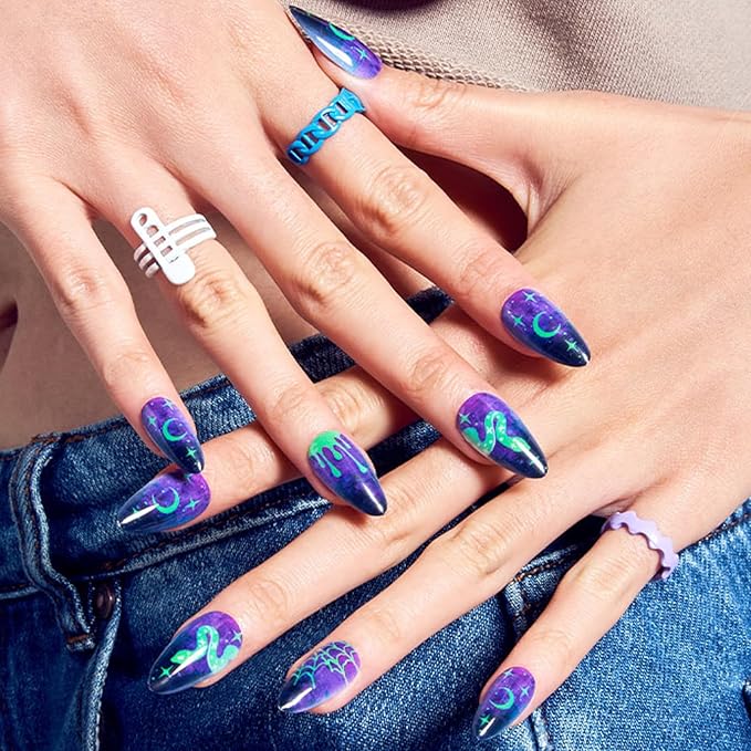 GLAMERMAID Deep Blue Press on Nails Medium Almond, Gothic Dark Purple Emo Gel Fake Nail, Gloss Halloween Snake Glue on Nails Short Oval, Reusable Acrylic Stiletto Stick on False Nail Kit for Women