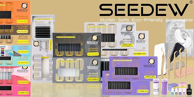 SEEDEW 3D Lash Extensions, 0.07mm C Curl MIX8-15mm 12 Rows/Tray, W Shape Flat Stem, Korean PBT Natural Eyelash Grafting for Beginner Artist, Lash Tech, Beauty Salon(3D-Matte Black-0.07-C-MIX8-15mm)