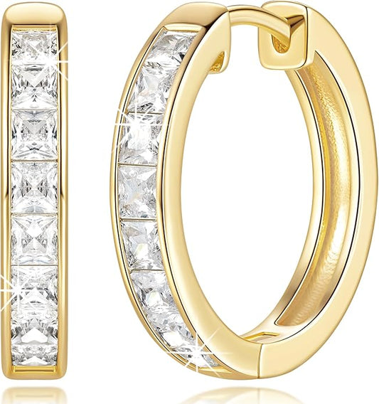 CHLOÉ LOVETT Gold Earrings 14K Gold Hoop Earrings for Women Diamond Hoop Earrings for Womens Earrings Dazzling Square Cubic Zirconia Gold Huggie Hoop Earrings 13mm 25mm