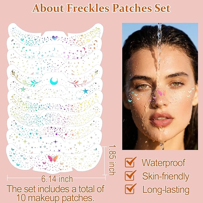 Boko 10Pcs Holographic Glitter Freckles Face Tattoo, Star Face Glitter Speckles Makeup Patches for Pride Accessories, Waterproof Sparkle Temporary Tattoos for Festival Concert Party Rave Accessories