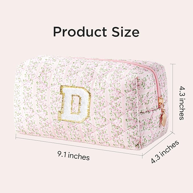 HBselect Initial Makeup Bag for Women, Pink Cosmetic Travel Toiletry Bag, Flowers Zipper Make Up Pouch Organizer Teen Girl Gifts Trendy Stuff D