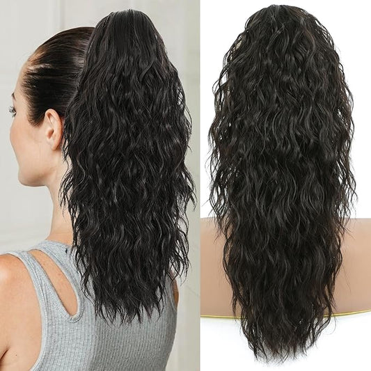 Ponytail Extension, Claw Clip on Pony tails Hair Extension for Women 18 Inch Long Wavy Curly Fake Ponytail Clip in Hair Pieces for Women Fluffy Natural Looking (Dark Brown Black, 18 Inch)