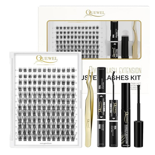 QUEWEL DIY Eyelash Extensions Kit, Lash Clusters 144 Pcs, Clusters Eyelash Applicator Tool, Super Hold Cluster Lashes Bond and Seal, Glue Remover Easy to Apply at Home(S012-Kit)
