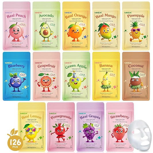 126 Pack Sheet Hydrating Face Masks Skincare for Women, Bulk Fruit Face Mask Skin Care for Kids, Facial Masks Set for All Skin Types, Birthday Valentines Day Gifts, Spa Party Supplies for Girls Teens