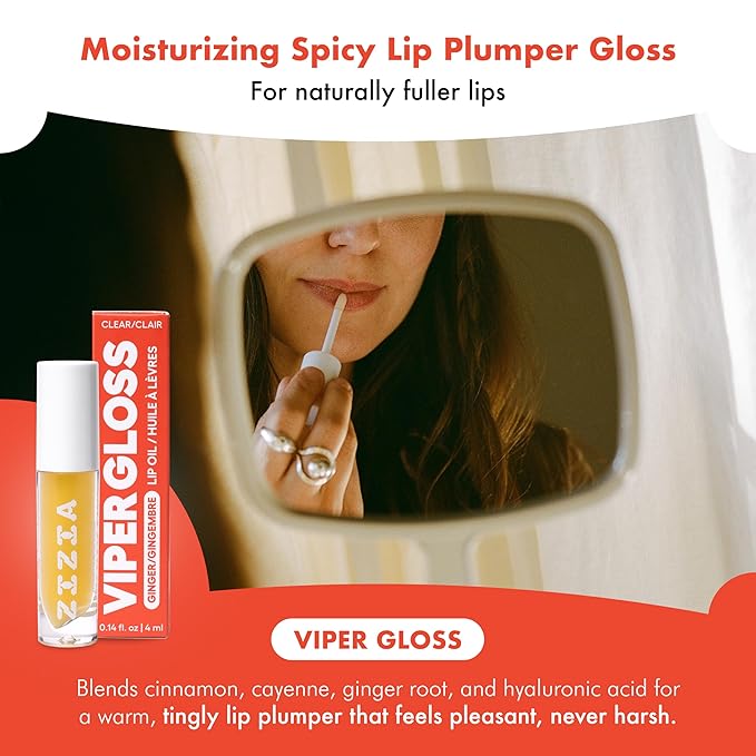 Zizia Viper Gloss – Moisturizing Lip Plumper Gloss with Hyaluronic Acid, Ginger, & Cayenne – Clean, Vegan, & Cruelty-Free Hydrating Lip Oil for a Smooth, Fuller Look, Non-Sticky Finish - 0.14 fl oz