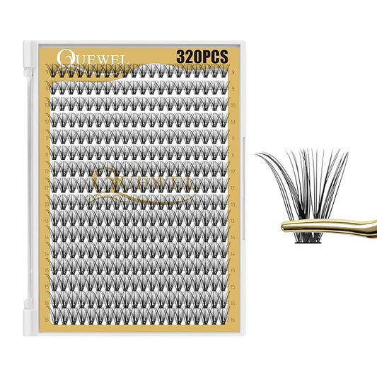 QUEWEL Lash Clusters 320Pcs Cluster Lashes 30D C Curl Lash Cluster Eyelash Extensions Mix9-16mm Individual Eyelashes Clusters Wispy Lash Clusters Thin Band Soft to Use at Home(30D C Mix9-16)