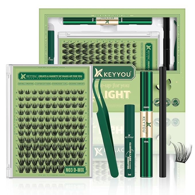 KEYYOU Natural Lash Clusters Kit 144Pcs DIY Lash Extension Kit Wispy Eyelash Extensions Kit D Curl 8-18MIX with Bond and Seal and tweezers with Thin Lash Band(KIT-N03-D-8-18MIX)