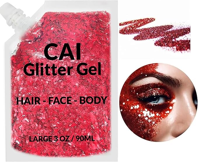 Face, Body & Hair Glitter Gel – Halloween Glitter for Kids and Women – 3 Oz Cosmetic-Grade Gel w/Moon & Stars for Festivals & Halloween Party, Easy Apply & Wash Off - Red 2Pack