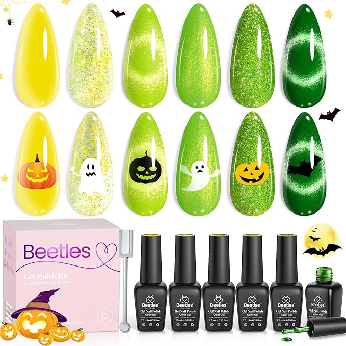 Beetles Green Gel Nail Polish Set, Winter Gel Polish Nail Kit 6 Colors Yellow Glitter Cat Eye Jelly with Cat Eye Magnet UV LED Needed Gifts for Women DIY Manicure Art Summer Beats