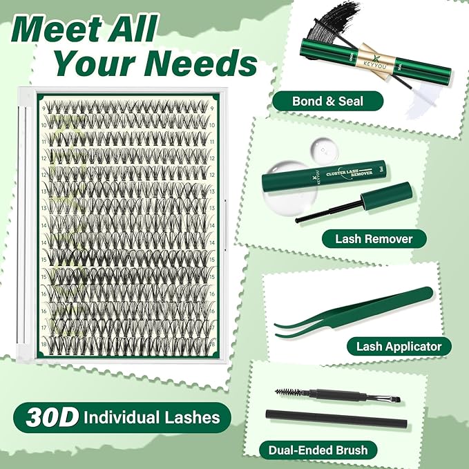 KEYYOU Lash Extension Kit DIY 300Pcs Lash Clusters Eyelash Extension Kit 30D C Curl 9-18MIX Lash Clusters Kit with Lash Glue Remover Applicator Easy to Use for Beginners(Kit,30D-C,9-18MIX)