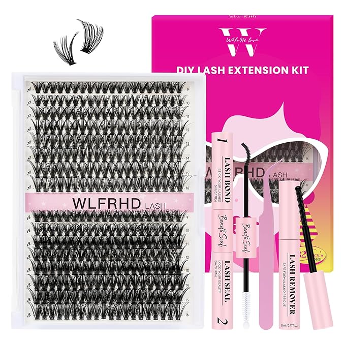 WLFRHD Lash Clusters Kit 320 Pcs DIY Individual Cluster Lashes D Curl Lash Extension Kit with Eyelash Bond and Seal, Remover, Tweezers Applicator for False Eyelash Cluster Kit(40D+50D, Mix9-16mm Kit)