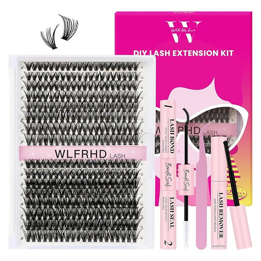 WLFRHD Lash Clusters Kit 320 Pcs DIY Individual Cluster Lashes D Curl Lash Extension Kit with Eyelash Bond and Seal, Remover, Tweezers Applicator for False Eyelash Cluster Kit(40D+50D, Mix9-16mm Kit)