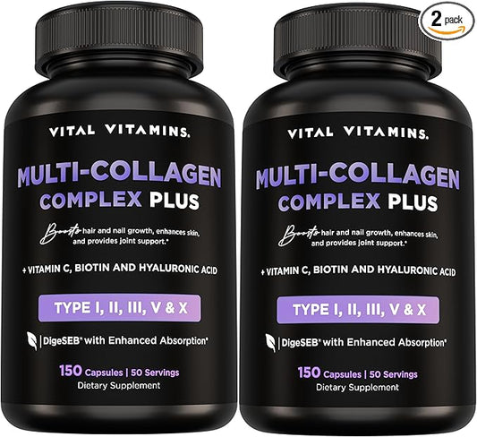 Vital Vitamins Multi Collagen Plus (2-Pack) - with Biotin, Hyaluronic Acid, Vitamin C - Type I, II, III, V, X - for Women & Men - Hair, Skin, Nails Beauty Complex