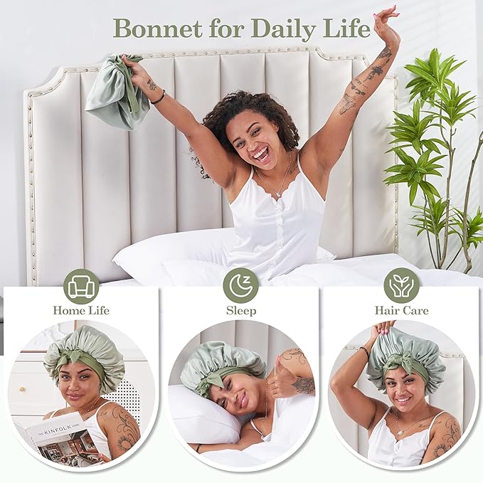 Tie Band Silk Satin Bonnet for Sleeping Hair: Women Sleep Night Wrap Cap for Straight Wavy Curly Coily Kinky Natural Hair Head - Matcha Green