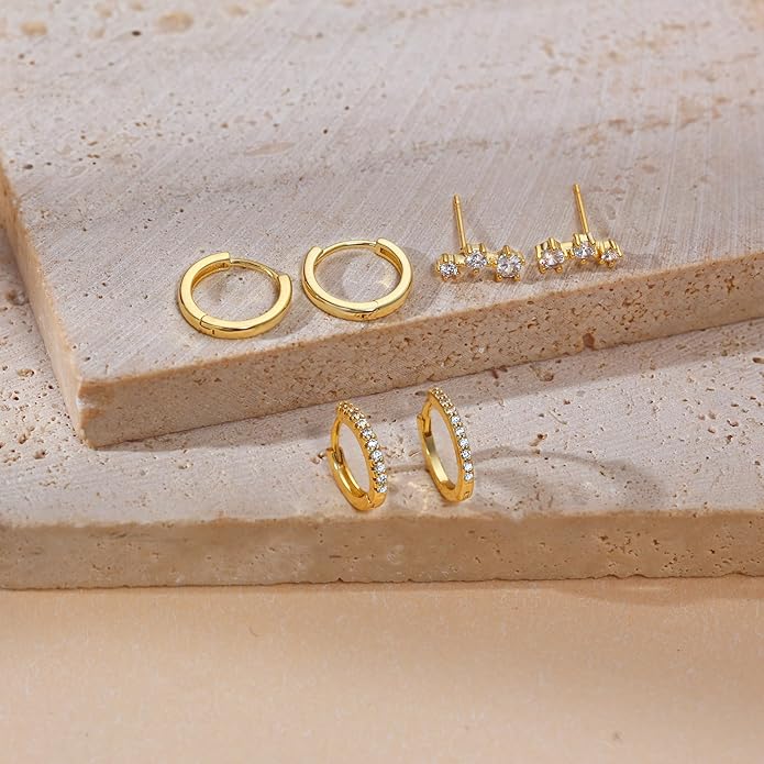 Freekiss 3 Pairs Gold Hoop Earrings Set: Dainty Stud Earrings Trendy Small 14K Gold Plated Hypoallergenic Dangle Cartilage Huggie Hoop Earrings for Women Gold Jewelry for Women Gifts