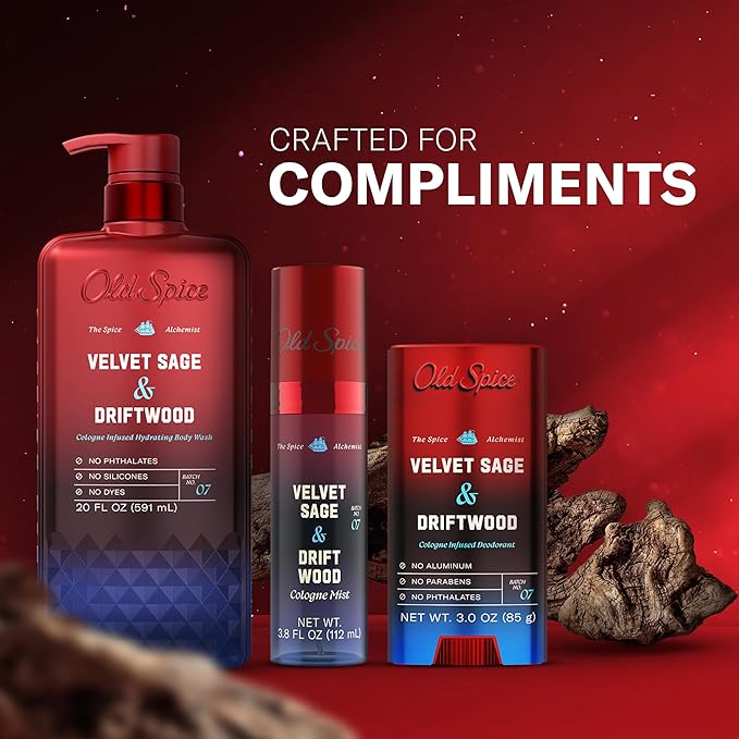 Old Spice Body Wash for Men, The Spice Alchemist Collection, 24/7 Cologne Infused Hydration, No Trade Off Formula, Free of Phthalates Silicones & Dyes, Velvet Sage + Driftwood Scent, 20 oz