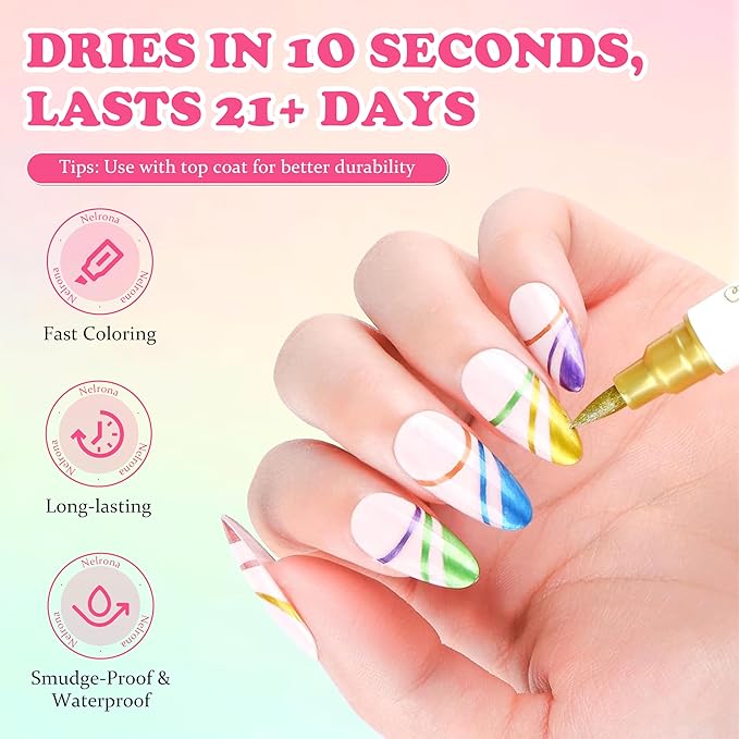 Dual tip Nail Art Pens Set – 10 Colors Acrylic Nail Polish Pens with Fine Tip & Brush Tip for DIY Nail Designs, Quick Dry, Long Lasting Nail Art Markers for Professional Manicure, Home & Salon Use