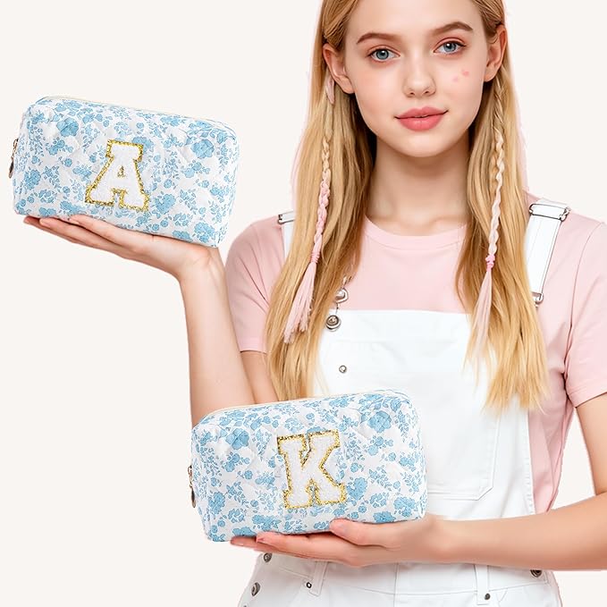 HBselect Initial Makeup Bag for Women, Quilted Cosmetic Travel Toiletry Bag, Flowers Zipper Make Up Pouch Organizer Teen Girl Gifts Trendy Stuff P