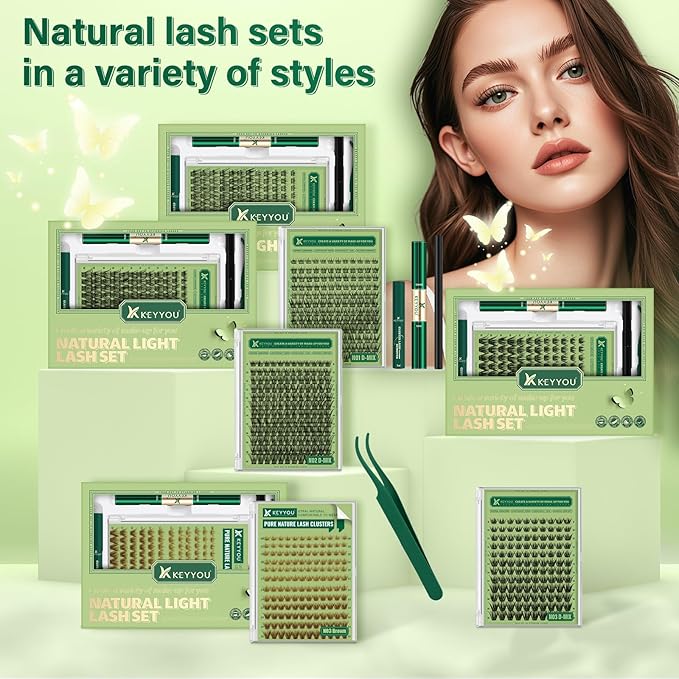 KEYYOU Natural Lash Clusters Kit 144Pcs DIY Lash Extension Kit Wispy Eyelash Extensions Kit D Curl 8-16MIX with Bond and Seal and tweezers with Thin Lash （KIT-N03-Brown-D-8-16MIX）