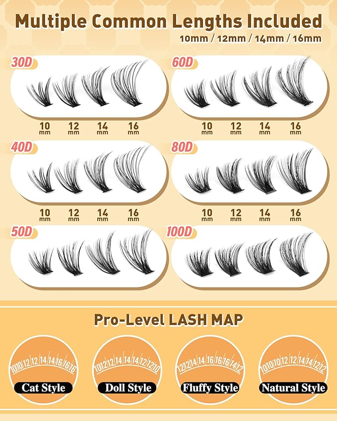 Calphdiar Eyelash Clusters 30D+40D+50D+60D+80D+100D Lash Clusters 476PCS Wispy Individual Lashes D-curly Lash Extension 10-16MM DIY Cluster Eyelash Extensions for Everyday at Home