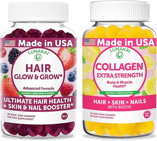 Lunakai USA Made Hair Glow & Grow + Collagen Extra Strength Gummies Bundle – Naturally Flavored, Non-GMO – 60ct Each