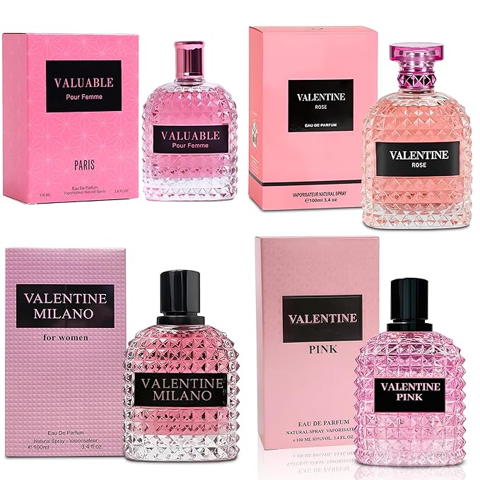 A CENTER 4PCS Perfume Set for Women - Floral Fragrance Gift Set with Vanilla,Sweet Fruity, Eau De Parfume| 3.4 Fl Oz Each Women's Cologne(Valentine Milano/Rose/Pink,Valuable,)
