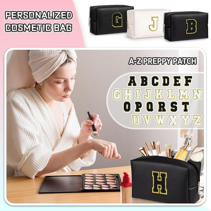 TOPEAST Personalized Makeup Bag, Chenille Letter Pouch Cosmetic Bag w Zipper, PU Leather Waterproof Toiletry Bag, Bridal Shower Gifts for Bridesmaids, Cute Stuff for Girls (Black P)