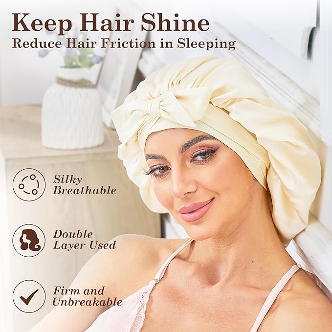 Silk Satin Bonnet for Sleeping Hair: Women Sleep Night Wrap Cap for Straight Wavy Curly Coily Kinky Natural Hair Head by Tie Band - Creamy Yellow Double Side