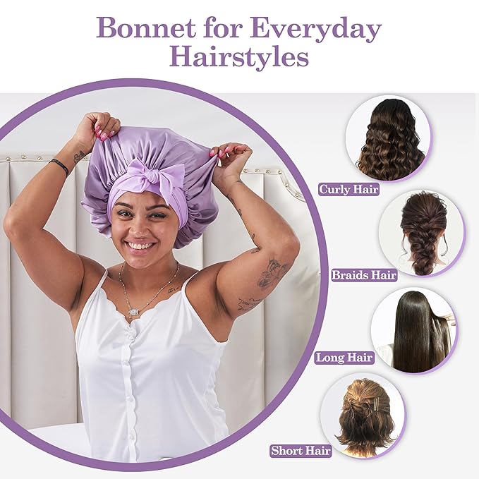Tie Band Silk Satin Bonnet for Sleeping Hair: Women Sleep Night Wrap Cap for Straight Wavy Curly Coily Kinky Natural Hair Head - Lavender Purple