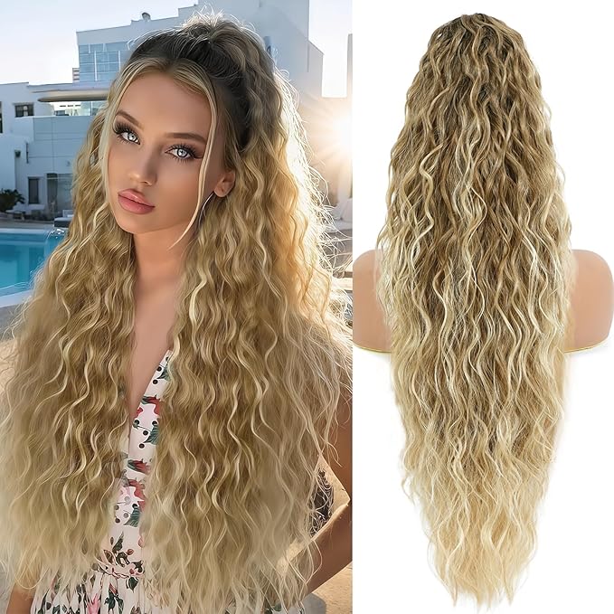 Ponytail Extension, Claw Clip on Pony tails Hair Extension for Women 28 Inch Long Wavy Curly Fake Ponytail Clip in Hair Pieces for Women Fluffy Natural Looking (Ombre Brown To Blonde)