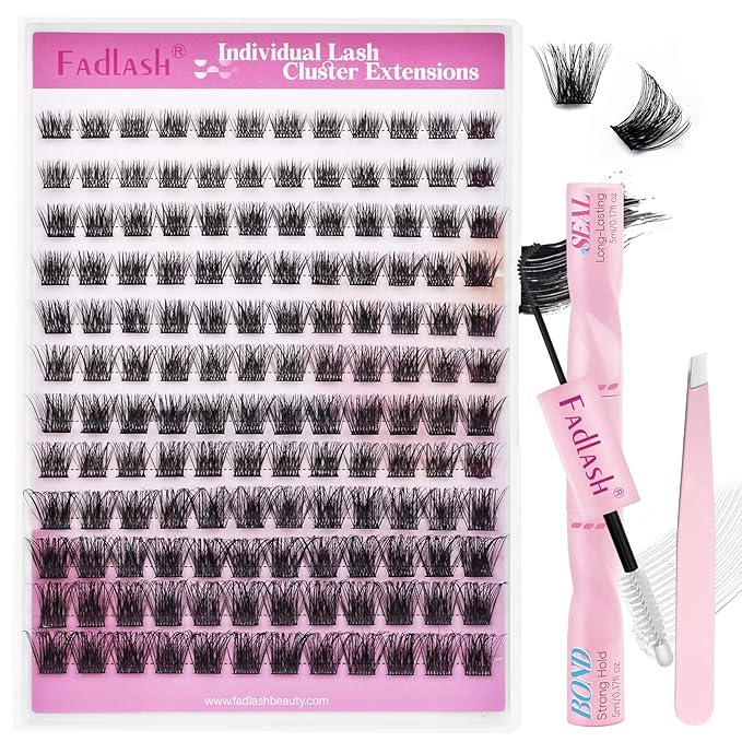 FADLASH Lash Clusters Kit DIY Lash Extension Kit D Curl 0.07 Natural Eyelash Extension Clusters Wispy Lash Clusters with Lash Bond and Seal Lash Tweezer for Self Application(F32-0.07D, 8-16mm Kit)