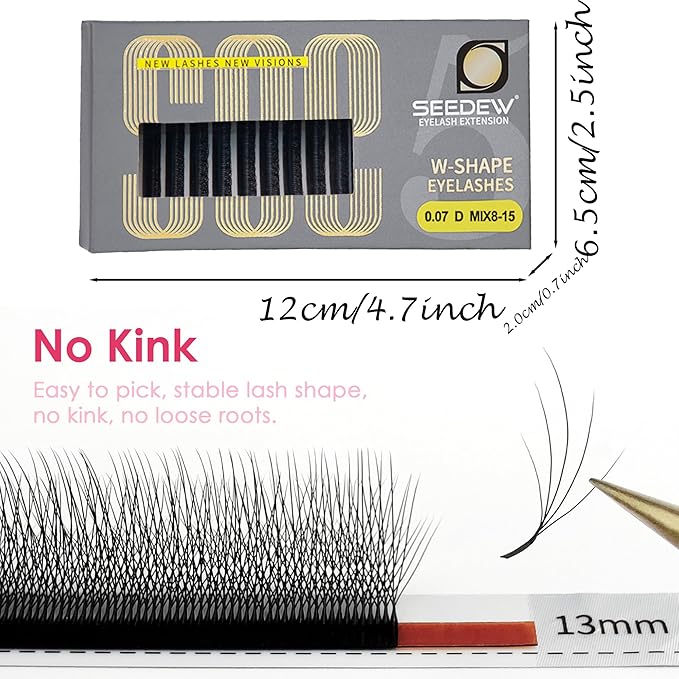 SEEDEW Wispy 5D Lash Extensions, 0.07mm D Curl MIX8-15mm 12 Rows/Tray, Shorter Sides NEW, W Shape, PBT Volume Eyelash Grafting for Lash Tech, Artist, Beauty Salon(Wispy 5D-Black-0.07-D-MIX8-15mm)