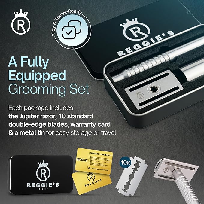 Reggie’s Razors Jupiter Aluminum Safety Razor for Men - Double Edge Shaving Razor, CNC-Machined - Made in UK - Aerospace Grade, Textured Grip, Suitable All Skin Types - Includes 10 Blades - Silver