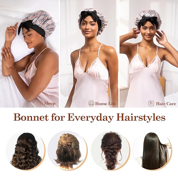 Tie Band Silk Satin Bonnet for Sleeping Hair: Women Sleep Night Wrap Cap for Straight Wavy Curly Coily Kinky Natural Hair Head - Bohemia
