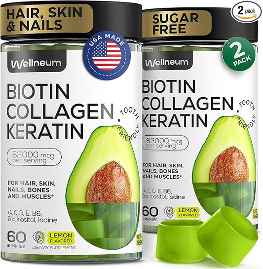 Biotin and Collagen Peptide Gummies for Hair Growth, Skin and Nails 120 Pcs (2 Pack) - 82000 Mcg - Biotin Chewables with Keratin Max Strength - Beauty Gummies for Women and Men - Sugar Free, Non-GMO