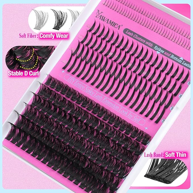 Yawamica Lash Extension Kit Wispy Lash Clusters 12-18mm with 14-20mm Spikes and 5-7mm Bottom Lashes DIY Manga Cluster Eyelash Extensions D Curly Waterproof Lashes Clusters Kit with Bond and Seal