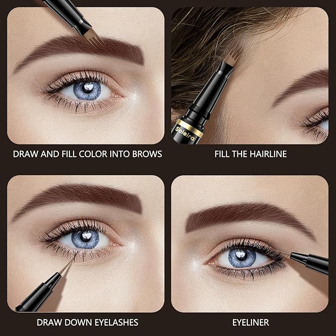 Waterproof Eyebrow Pencil with 4 Tip Microblading Pen and Dual-ended Brush, for Natural-Looking Brows, Long-Lasting, Chocolate