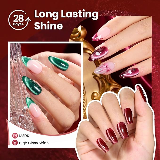 Beetles Jewel Parade Cat Eye Gel Nail Polish Set - 6 Colors Glitter Cat Eye Gel Polish Kit Pink Purple Red Green Blue Brown Burgundy Magnetic Effect Soak Off UV Manicure Gift for Women
