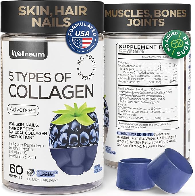Collagen Peptide Gummies for Women and Men - Collagen Gummy Supplement for Healthy Hair, Skin, Nails and Bones - Hyaluronic Acid, Biotin, Keratin, Saw Palmetto - Sugar Free, No GMO and Gluten, 60 Pcs