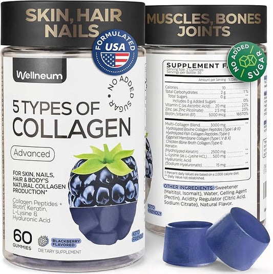 Collagen Peptide Gummies for Women and Men - Collagen Gummy Supplement for Healthy Hair, Skin, Nails and Bones - Hyaluronic Acid, Biotin, Keratin, Saw Palmetto - Sugar Free, No GMO and Gluten, 60 Pcs
