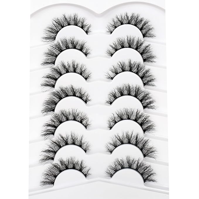 Pooplunch False Eyelashes Pre-Permed Curl Cat Eye Look Wispy Volume Natural Fake Eyelash 8D Faux Mink Strip Lashes 7 Pairs Pack
