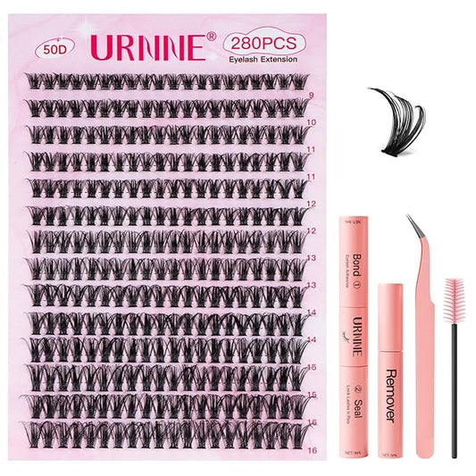 DIY Lash Extension Kit, 280 PCS Lash Clusters, 50D Eyelash Extension Kit, 9-16MM Individual Eyelashes Kit with bond, seal, Remover, Tweezers for Eyelash Extensions by URNNE