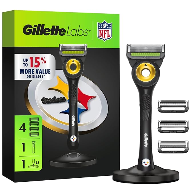 Gillette Labs Special NFL Steelers Edition Shaving Razor for Men - 1 Handle, 4 Razor Blade Refills & Magnetic Stand, GilletteLabs with Exfoliating Bar