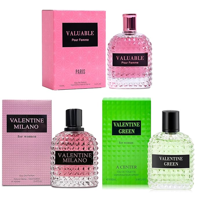 A CENTER Perfume Set for Women - 3 Pack Floral Long Lating Fragrance with Jasmine, Rose & Lily of the Valley | 3.4 Fl Oz Each Women Cologne Gift Set (Milano/Valuable/Valen Green)